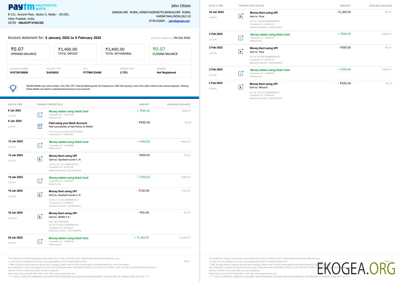 Relevé bancaire indien Paytm 2 pages